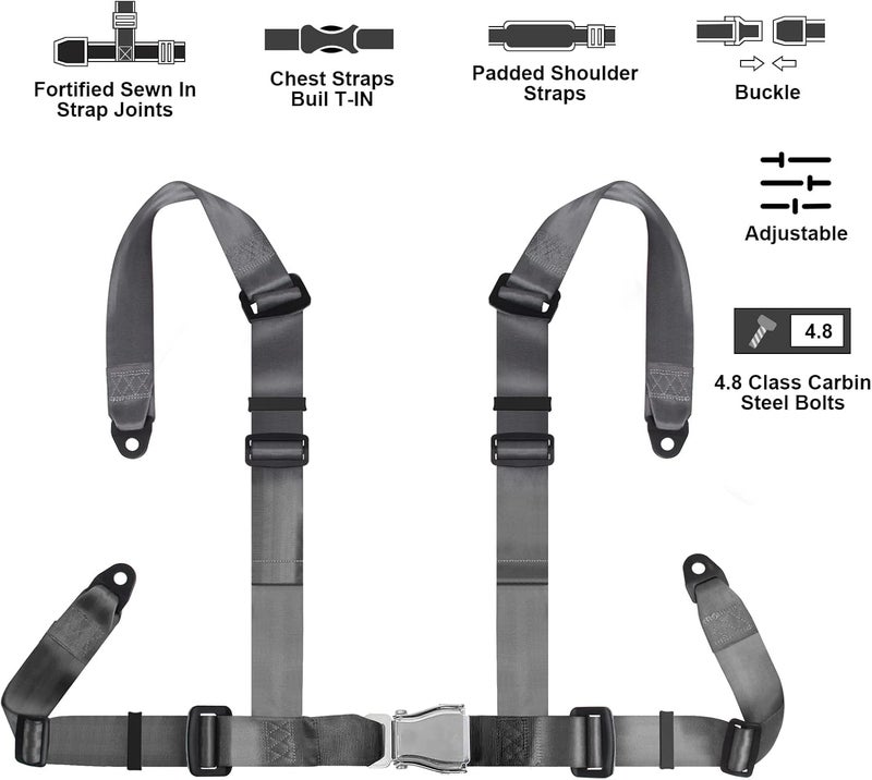 Yakitoko Universal 4 point Safety Harness Set 2" Fits Go Kart,UTV,ATV,Racing Gray - Image 3